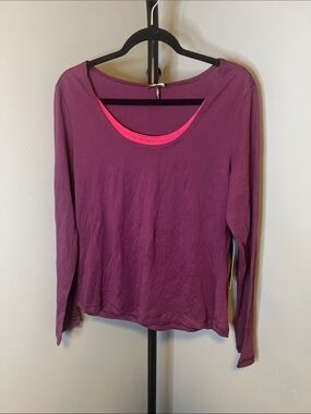 Daisy Fuentes Plum Long Sleeve Scoop Neck Top with Pink Trim